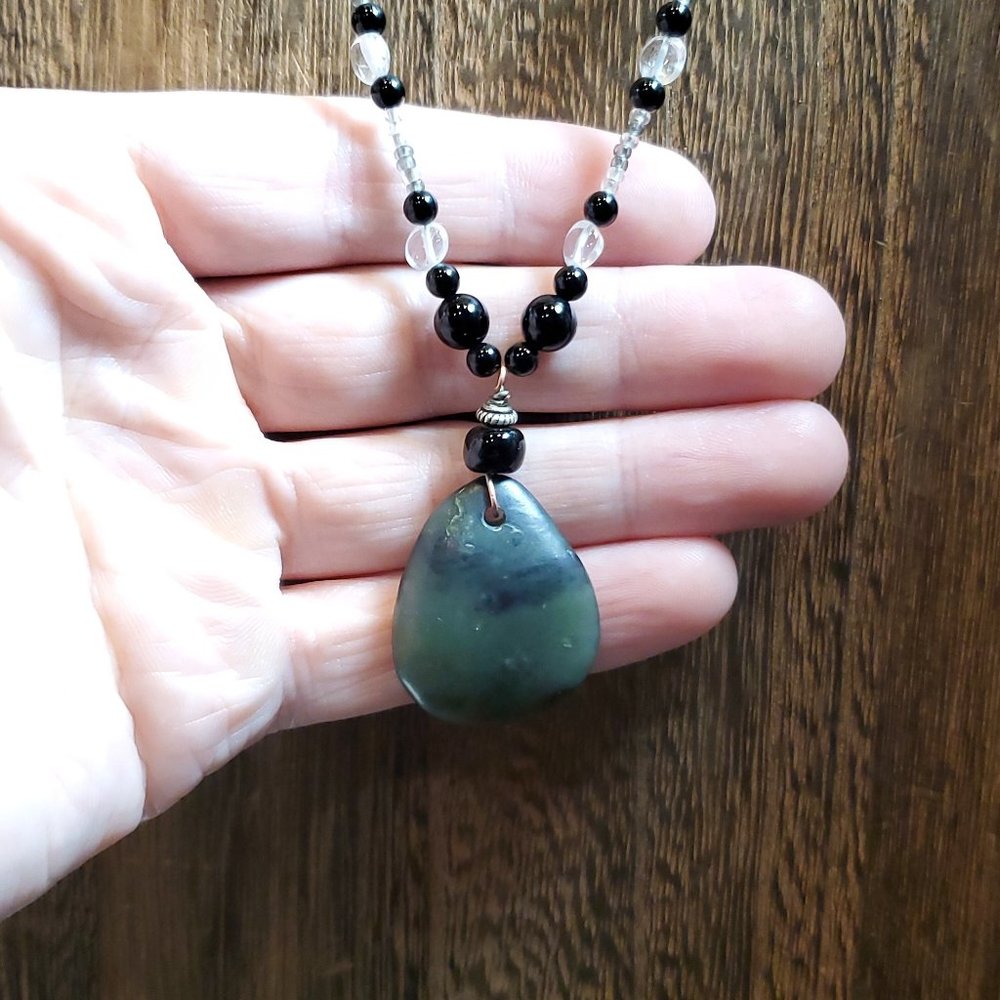 20 Inch 925 Sterling Silver Green Black Stone With Quartz Accents Necklace